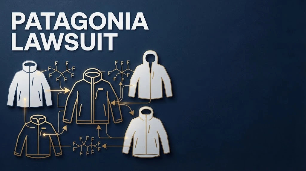 patagonia lawsuit supporting graphic showing jacket silhouettes and PFAS chemical icons