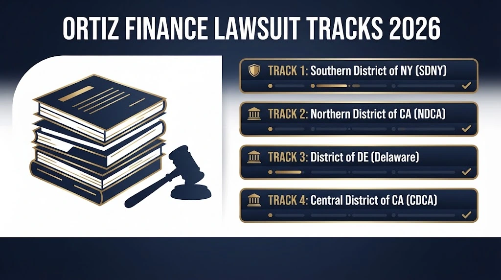 Infographic showing four Ortiz finance lawsuit tracks for 2026, including Westlake, Equifax, and SEC cases, in navy and gold.