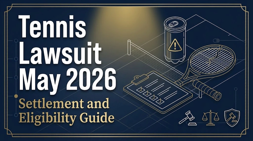 Tennis Lawsuit May 2026 supporting graphic showing cracked racket, ball can, and eligibility checklist on navy background