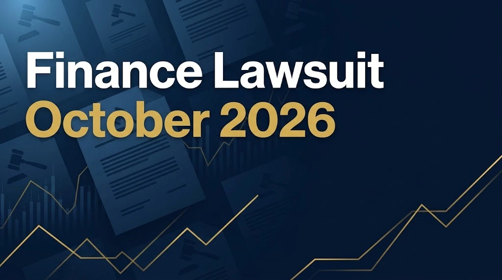 Finance lawsuit October 2026 hero banner with legal documents and financial charts on navy background