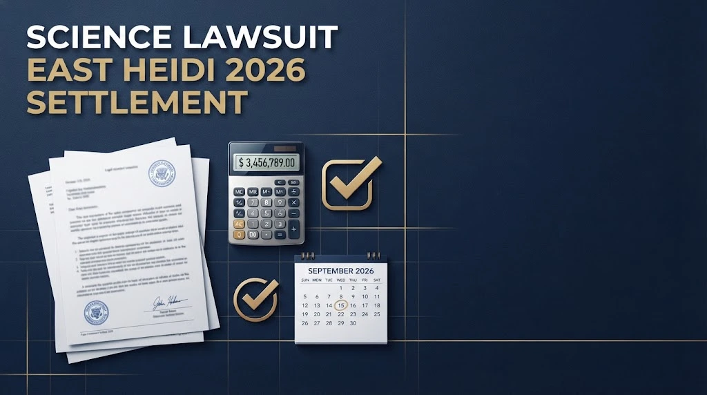 Science lawsuit east heidi 2026 settlement graphic with legal documents and calendar deadline on navy background