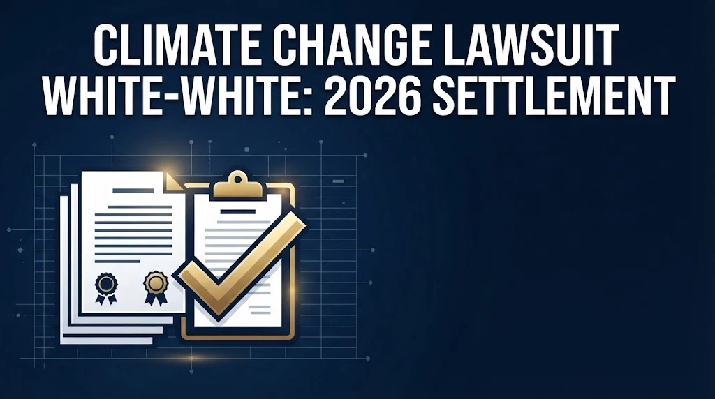 Climate change lawsuit white-white 2026 settlement graphic with claim approval icons on navy background