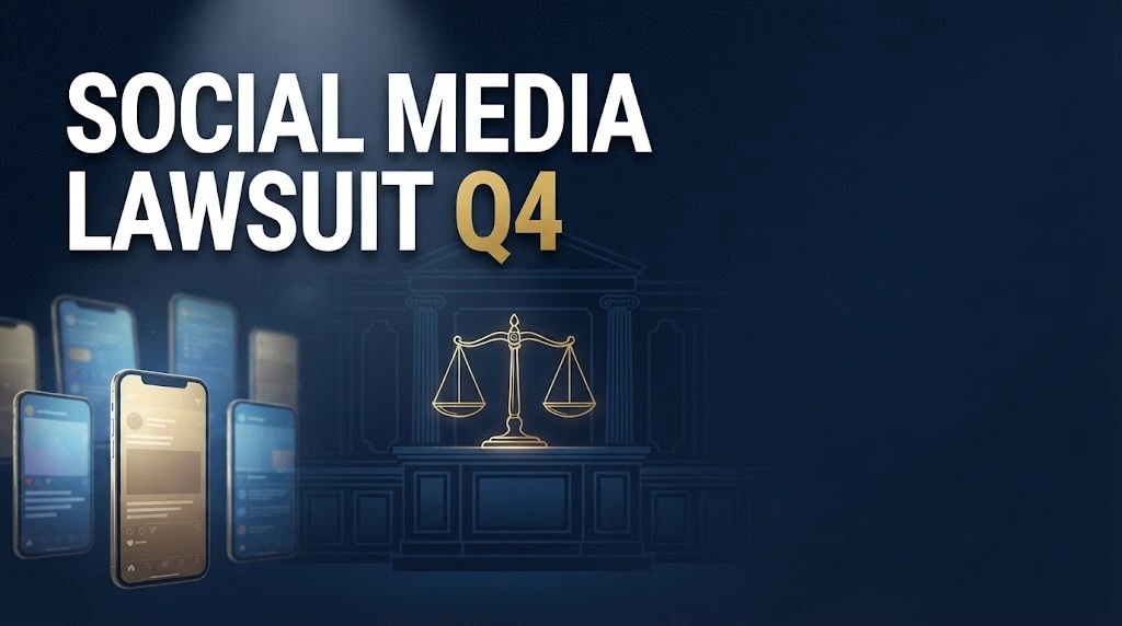 Social media lawsuit Q4 hero banner with navy and gold legal theme and smartphone icons