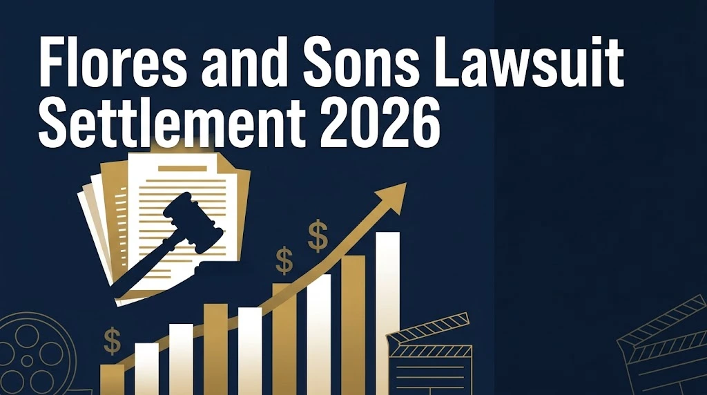 Flores and Sons lawsuit settlement 2026 graphic with legal documents and entertainment industry icons on navy background