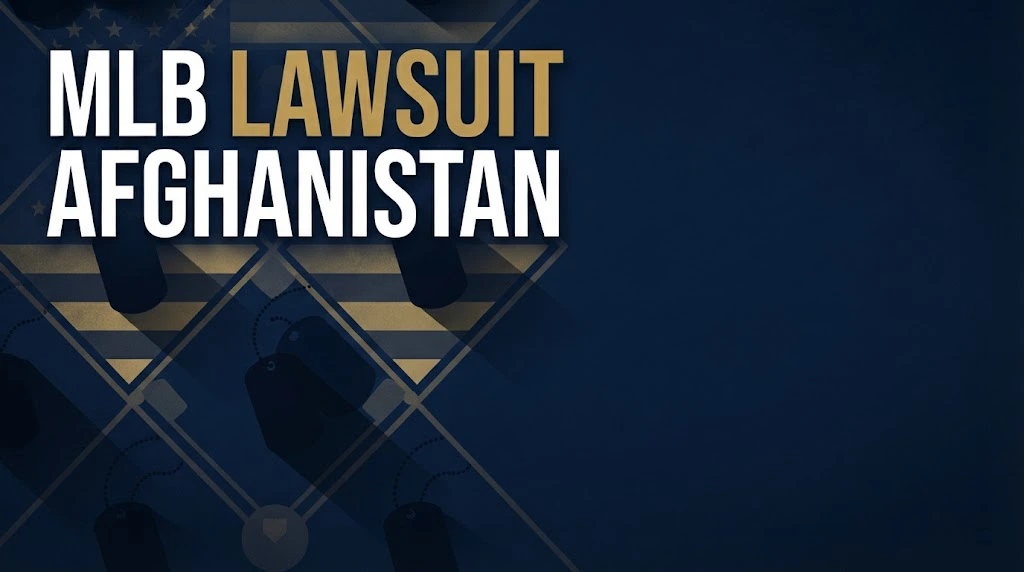 MLB lawsuit Afghanistan hero banner with bold headline text over navy baseball diamond and military silhouettes