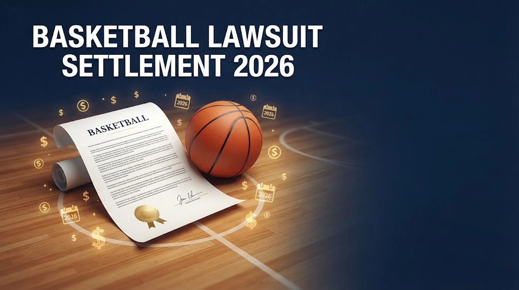 Basketball Lawsuit United States of America settlement graphic with document and court imagery