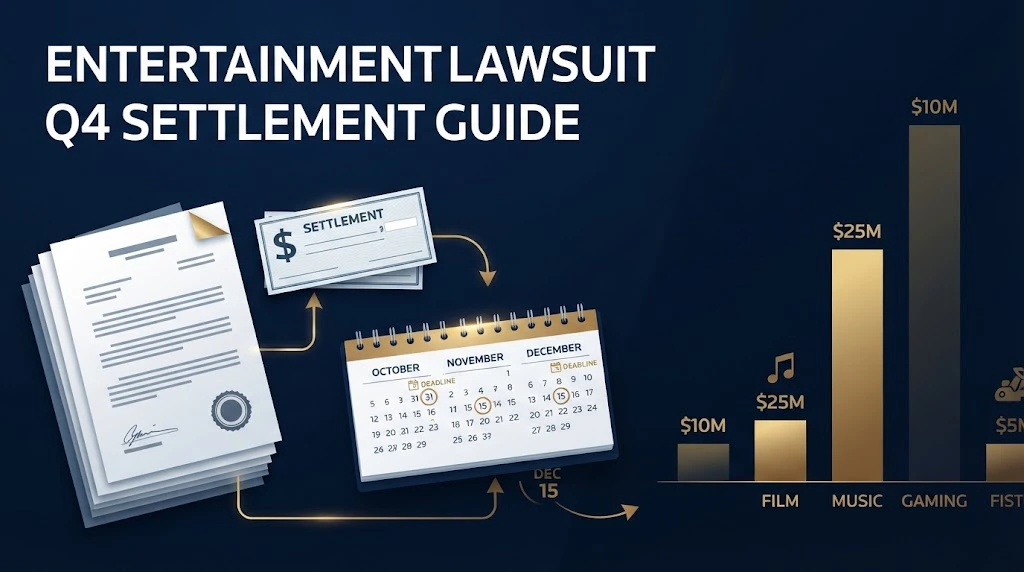 Entertainment lawsuit Q4 settlement guide graphic with legal documents and deadline calendar
