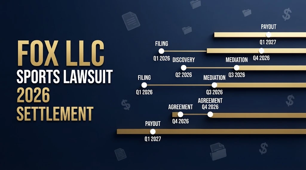 Fox LLC sports lawsuit 2026 settlement timeline graphic with gold bars on navy background