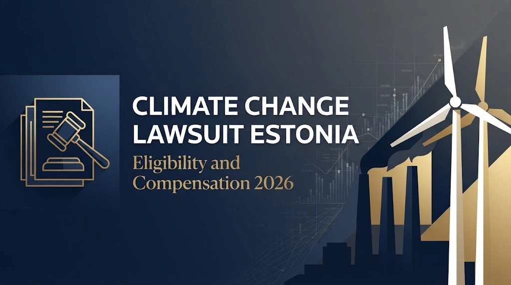 Editorial graphic showing climate change lawsuit estonia eligibility info with abstract courtroom and energy transition icons