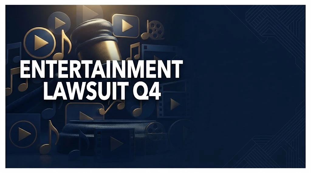 Entertainment lawsuit Q4 hero banner with legal gavel and streaming icons in navy and gold