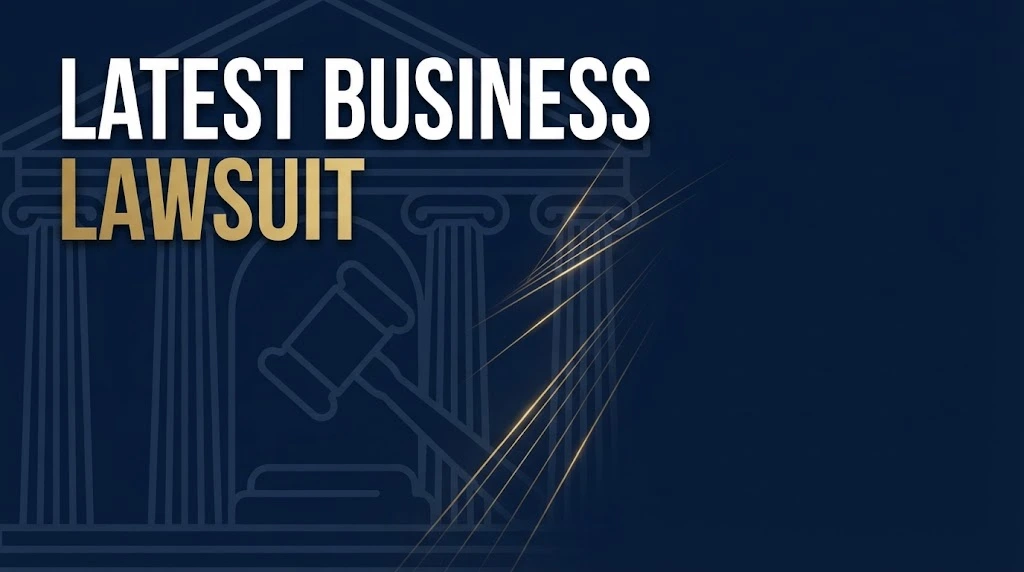 Bold headline reading latest business lawsuit over a navy blue abstract courthouse graphic with gold accents in wide banner format