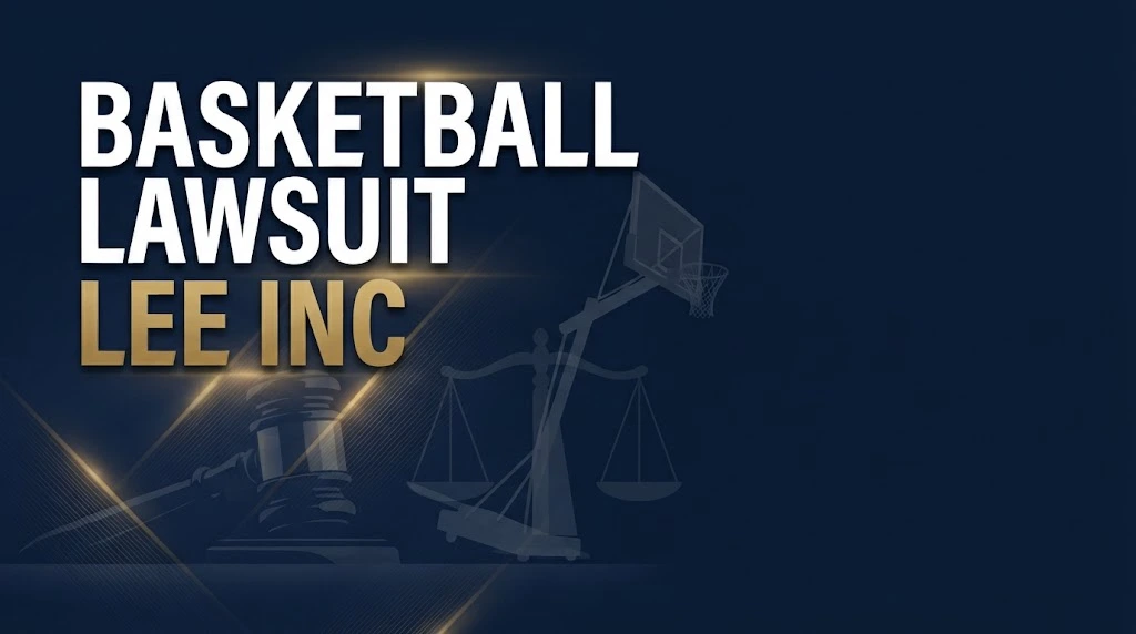 basketball lawsuit lee inc hero banner with legal symbols and basketball hoop silhouette on navy background