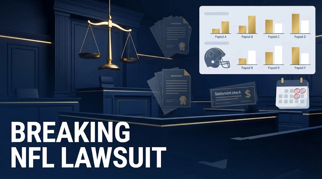 breaking NFL lawsuit settlement graphic with courtroom and payout chart visuals
