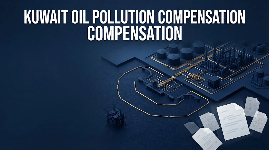 Kuwait oil pollution compensation infographic with coastal facility illustration and claim document icons