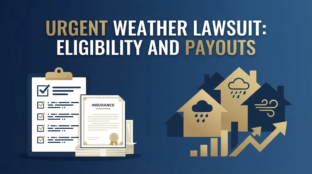 Urgent weather lawsuit eligibility and payouts graphic with checklist and house silhouettes