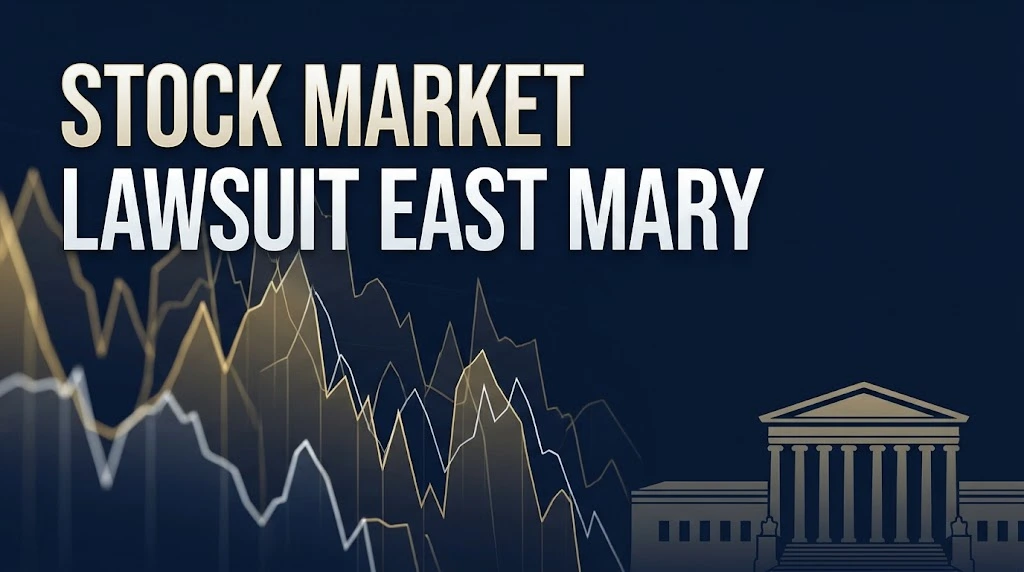 Stock market lawsuit East Mary hero banner with falling stock chart lines and courthouse silhouette on navy background