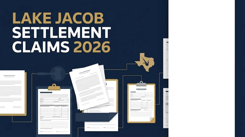 Lake Jacob settlement claims 2026 supporting graphic with legal documents and claim forms on navy background