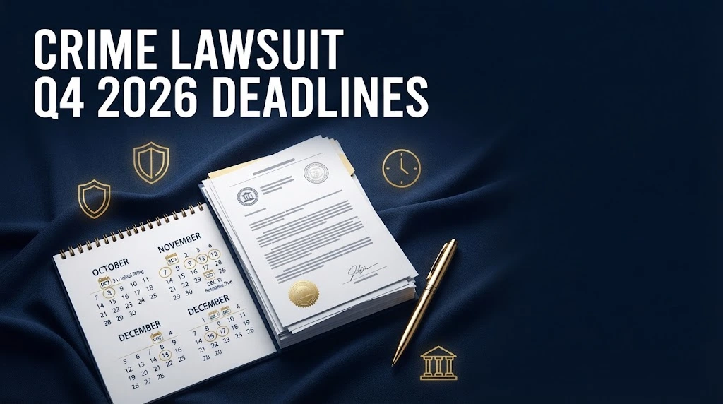 Legal documents and calendar graphic with white text reading Crime Lawsuit Q4 2026 Deadlines on navy background