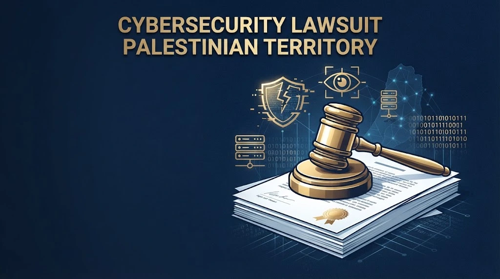 cybersecurity lawsuit palestinian territory graphic with courtroom gavel and spyware icons
