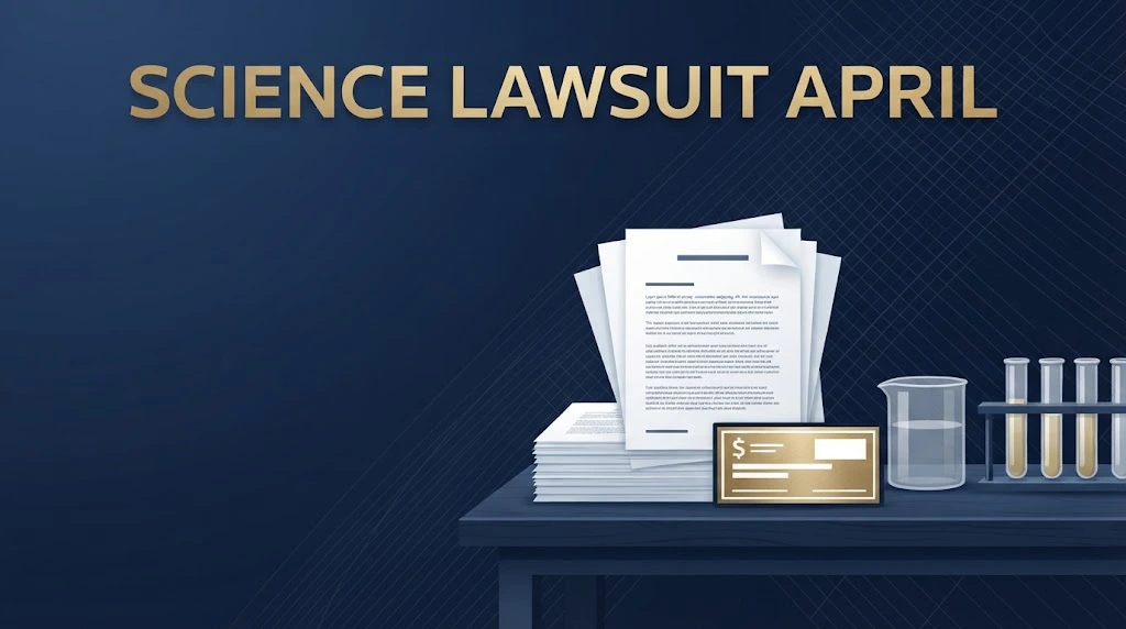 Science lawsuit April settlement graphic with legal documents and lab elements on navy background