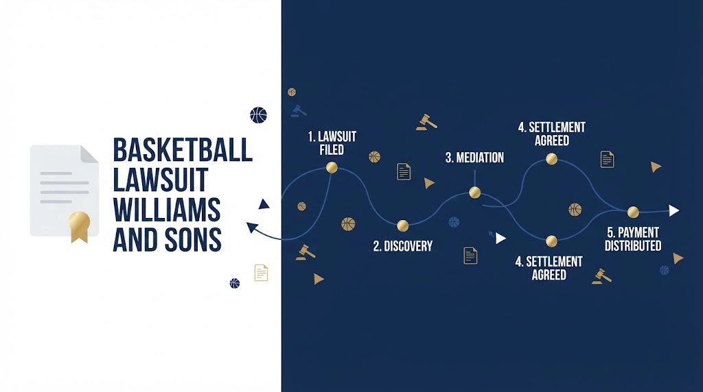 basketball lawsuit williams and sons settlement timeline graphic with document icon and gold milestone markers on navy background