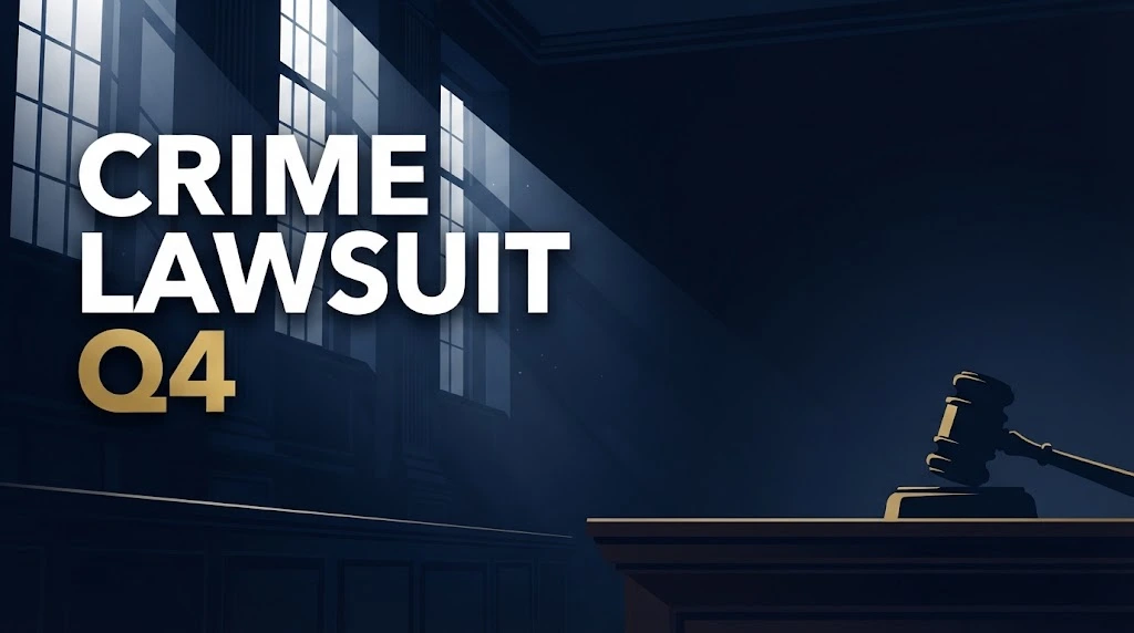 Dark navy courtroom banner with bold gold text reading Crime Lawsuit Q4 and gavel silhouette