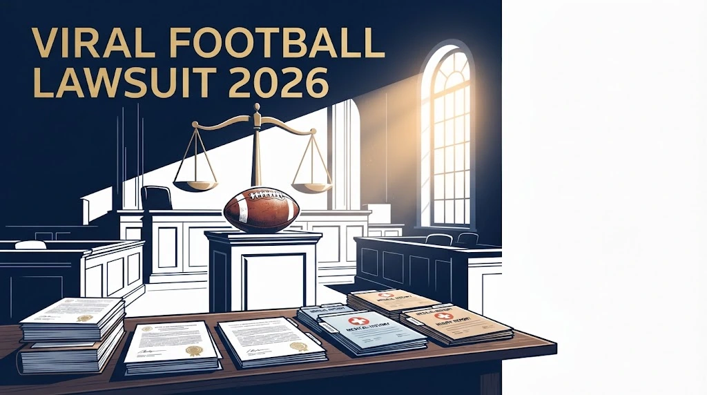 Viral football lawsuit 2026 courtroom graphic with scales of justice and football on navy background