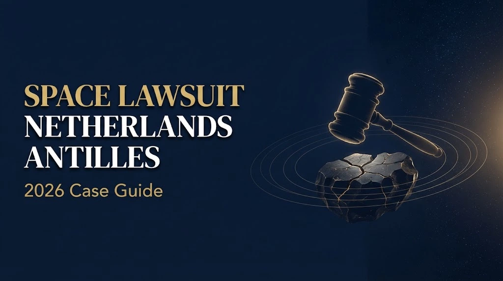 Space lawsuit Netherlands Antilles 2026 editorial banner with gavel orbiting asteroid in navy and gold design.