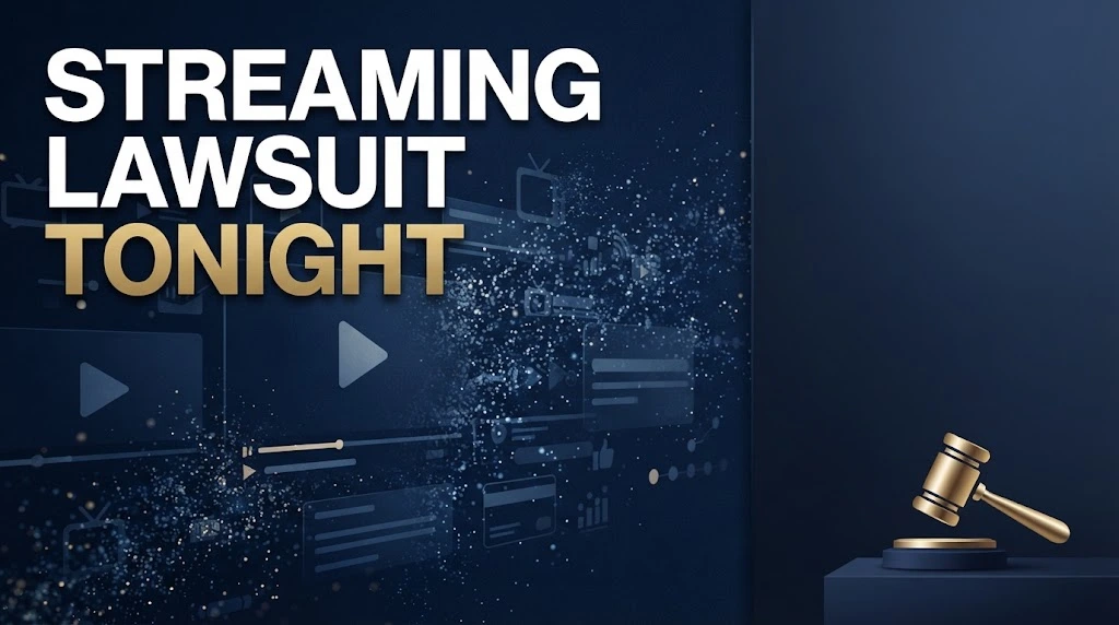Streaming lawsuit tonight hero banner with gavel icon and streaming platform symbols on navy background