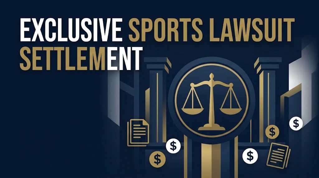 Exclusive sports lawsuit settlement graphic with abstract courtroom scene and gold scale of justice