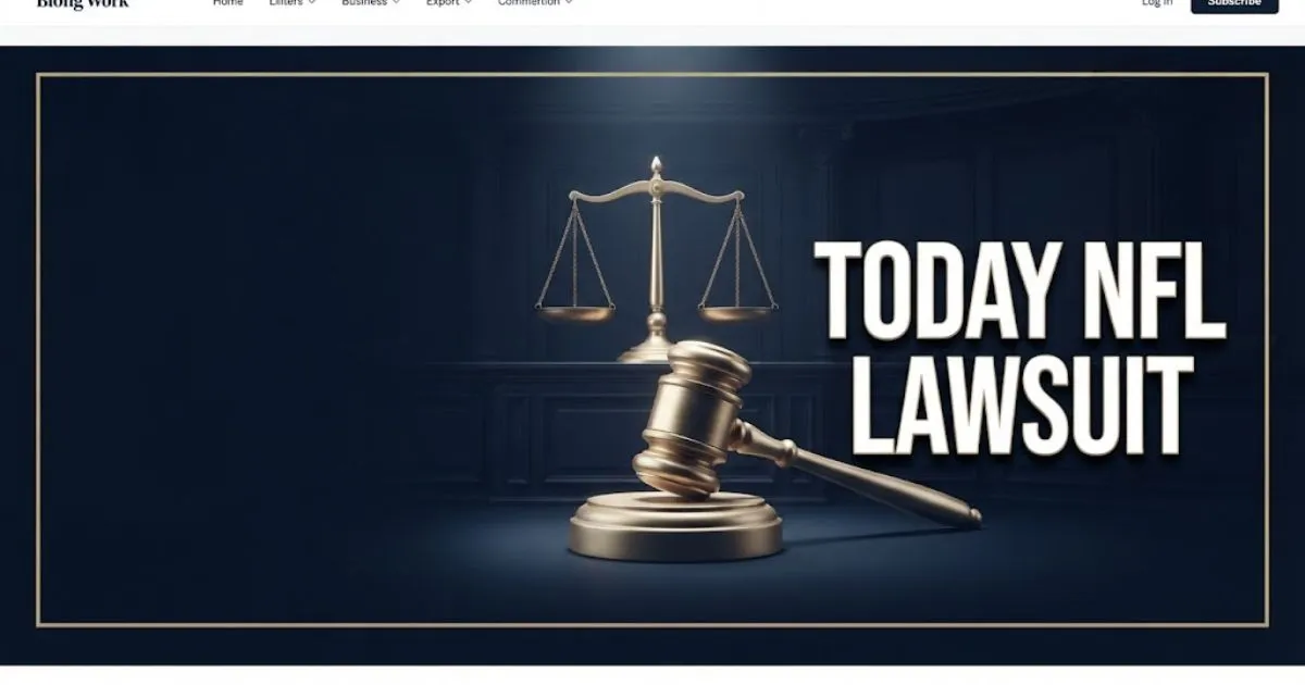A professional legal banner featuring abstract scales of justice and bold text reading today nfl lawsuit in gold and white.