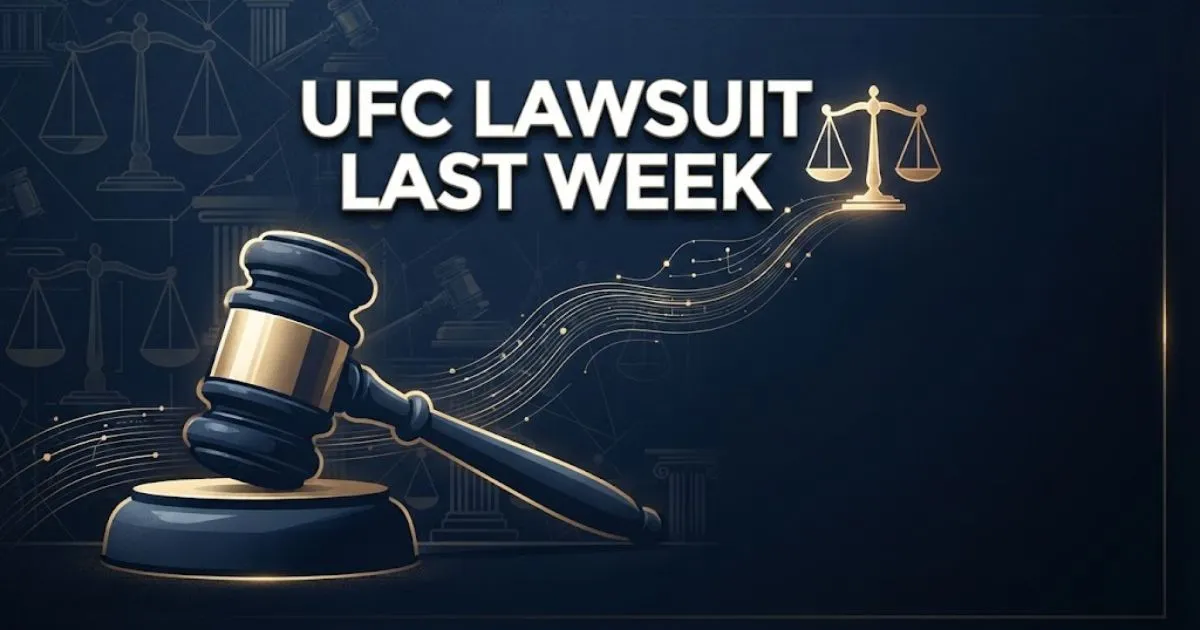 A professional legal banner featuring the text UFC Lawsuit Last Week with gold and navy abstract shapes.