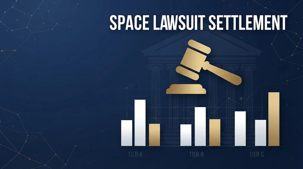 In-article graphic with space lawsuit settlement title over abstract courtroom and payout chart design
