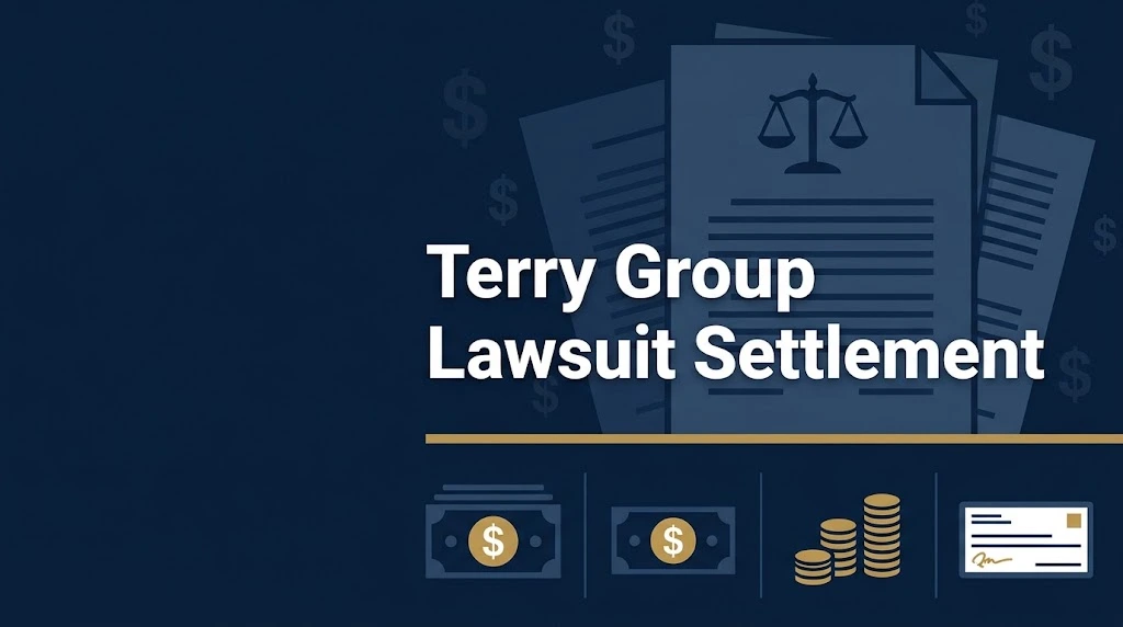 Terry Group Lawsuit settlement graphic with legal documents and balance scale icons