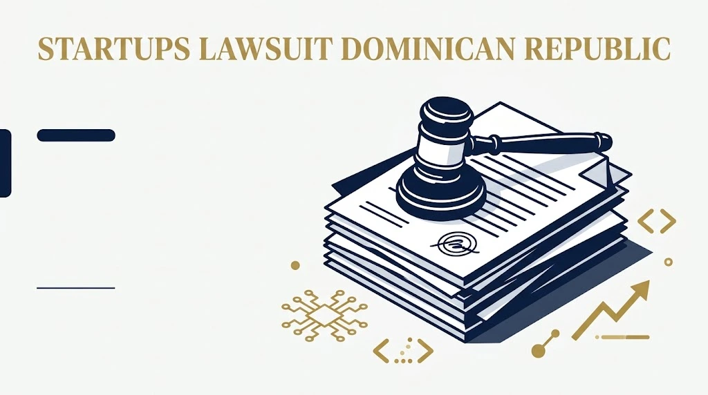 Startups lawsuit Dominican Republic supporting graphic with courtroom documents and tech startup icons