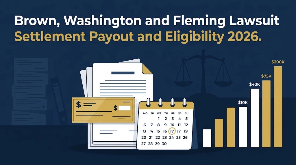 Brown, Washington and Fleming lawsuit settlement graphic showing payout tiers, eligibility details, and 2026 deadline calendar icons