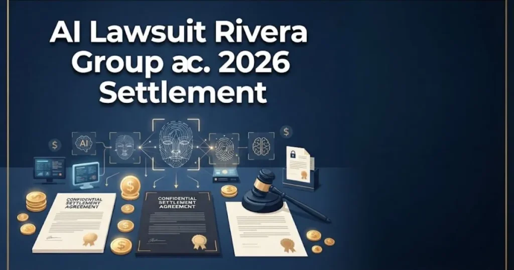 AI Lawsuit Rivera Group 2026 settlement graphic with documents, gavel, and digital data icons in navy and gold