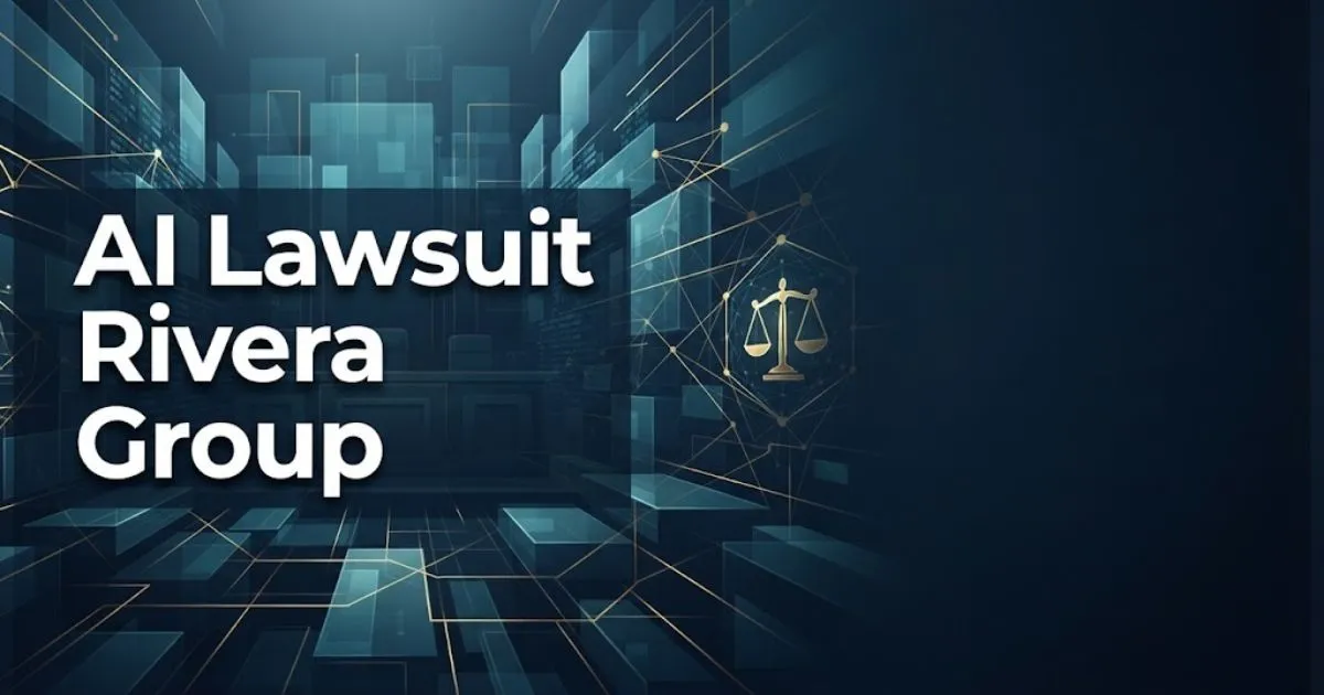 AI Lawsuit Rivera Group hero banner with abstract digital courtroom and data network graphics in navy and gold