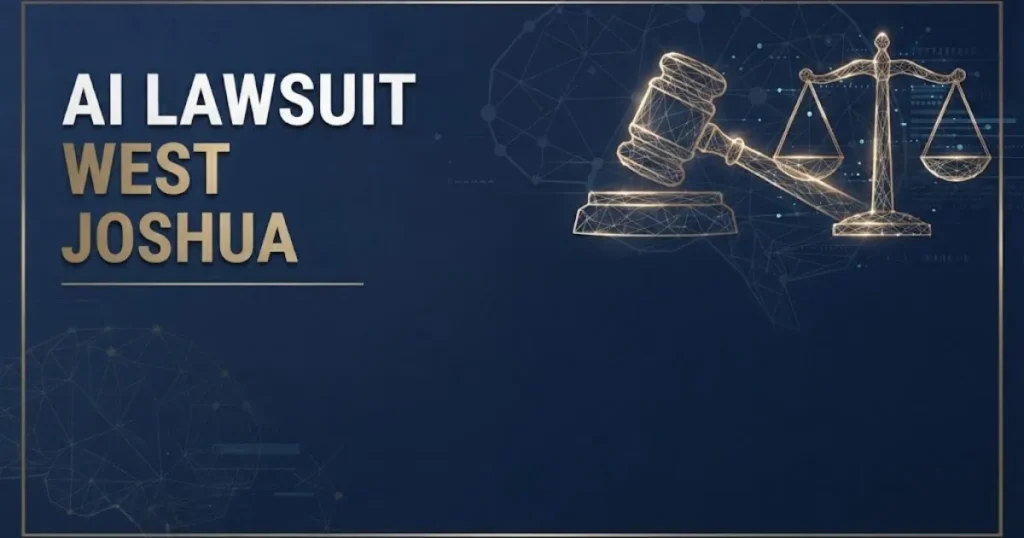 AI Lawsuit West Joshua hero banner with legal scales and neural network design in navy and gold