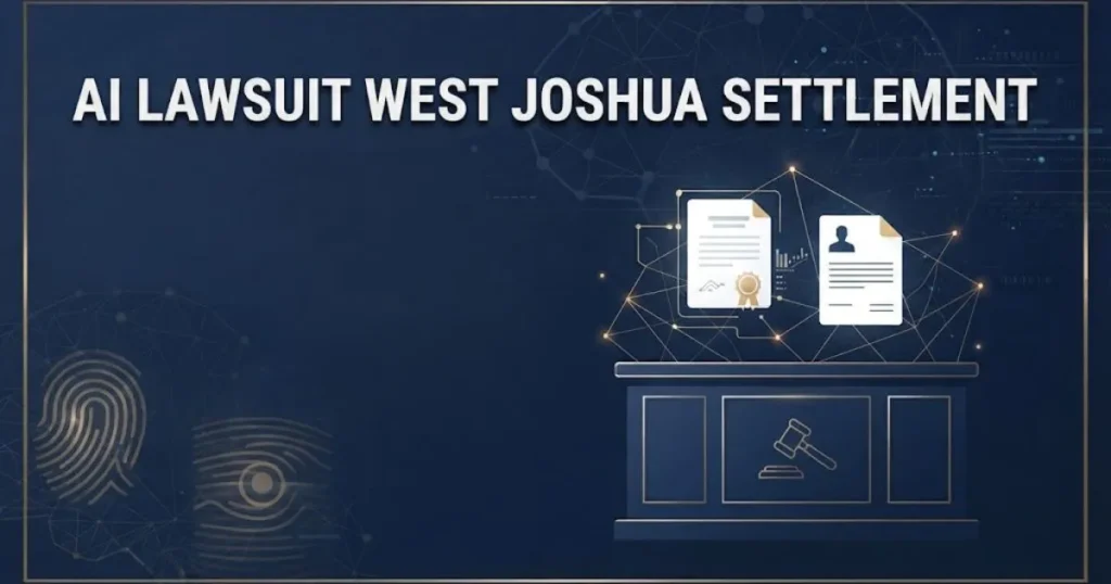 AI Lawsuit West Joshua settlement graphic showing claim form and courtroom elements in navy and gold