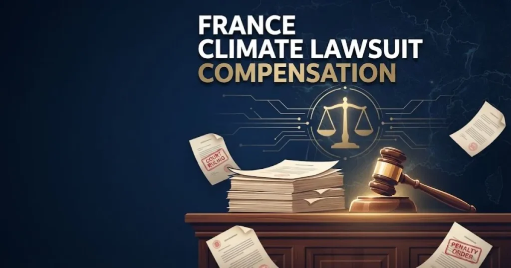 Abstract courtroom documents and gavel with text France Climate Lawsuit Compensation on navy and gold background