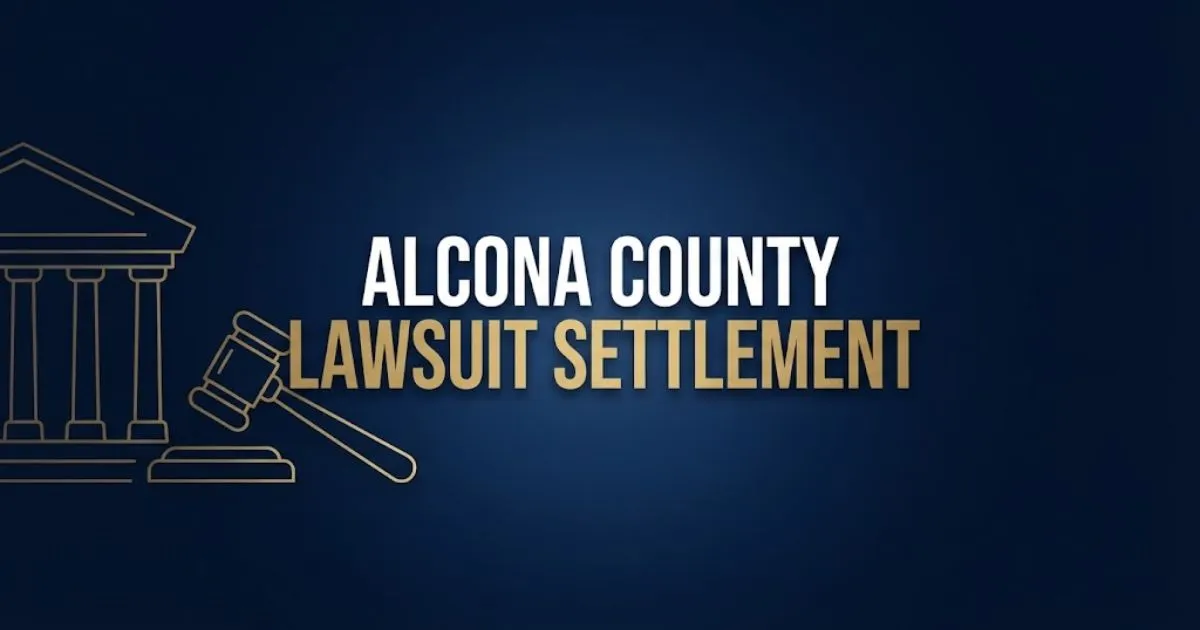 Alcona County lawsuit settlement hero banner with gavel silhouette and navy blue legal theme