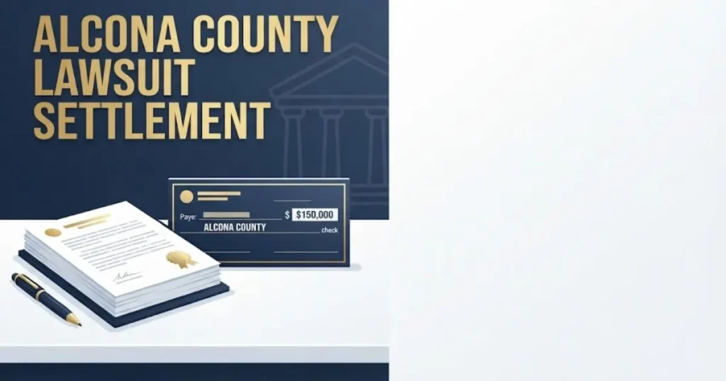 Alcona County lawsuit settlement supporting graphic with legal documents and settlement check illustration