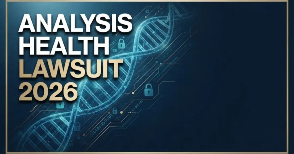 Analysis health lawsuit 2026 hero banner with DNA helix and data security icons on navy background