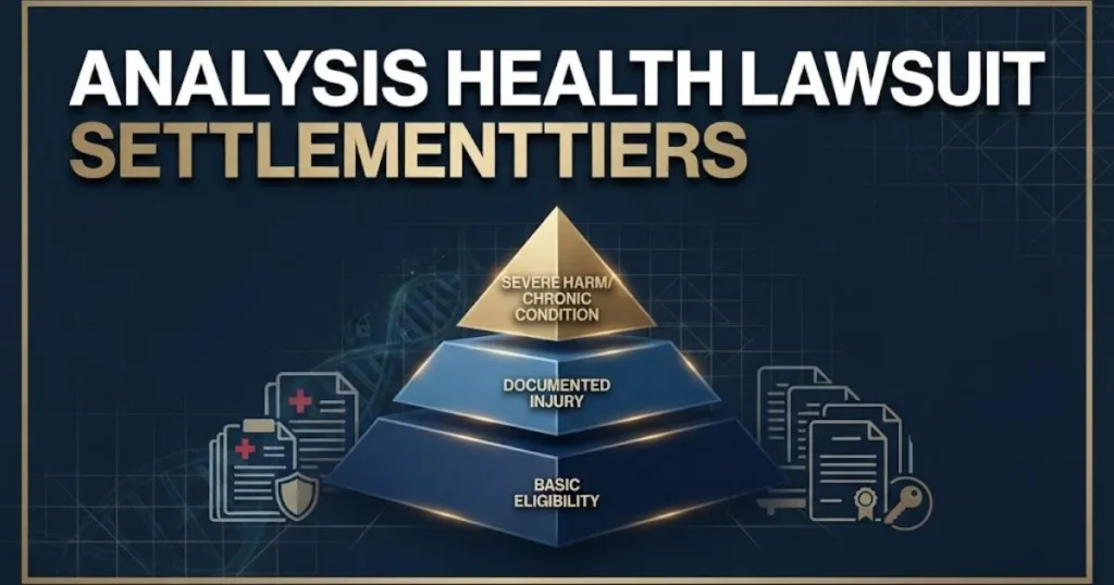 Analysis health lawsuit settlement tiers graphic showing three payout levels with medical and legal icons