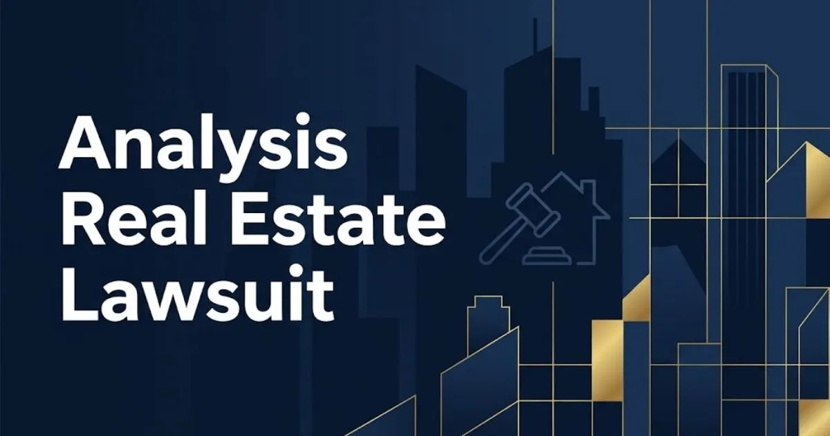 Analysis real estate lawsuit hero banner with navy and gold legal theme and cityscape silhouette