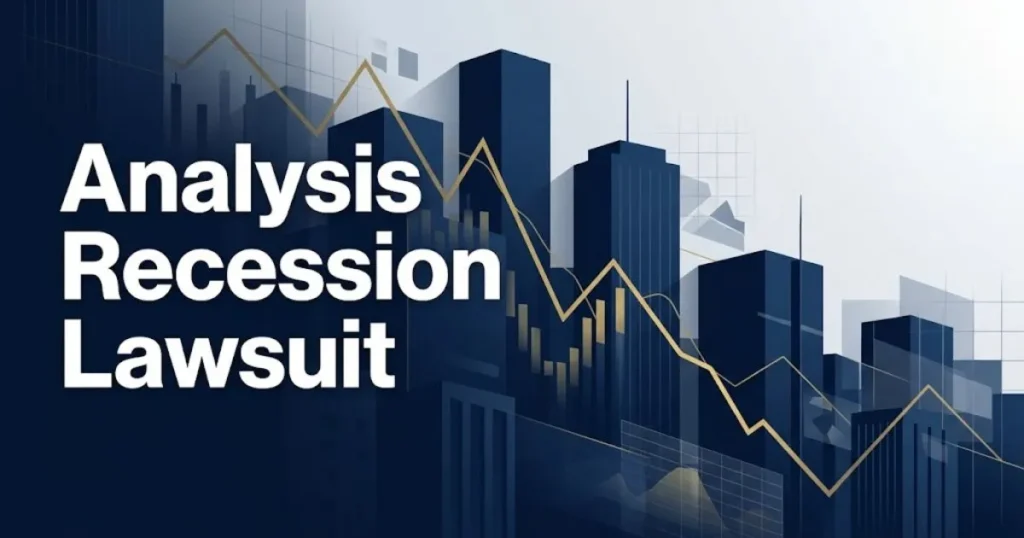 Analysis recession lawsuit hero banner with financial skyline and gold chart lines on navy background