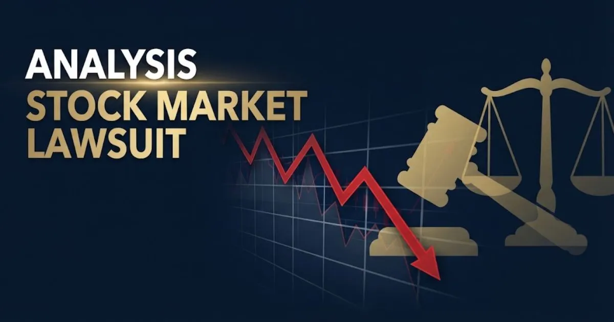 Analysis stock market lawsuit hero banner with descending chart and legal symbols on navy background