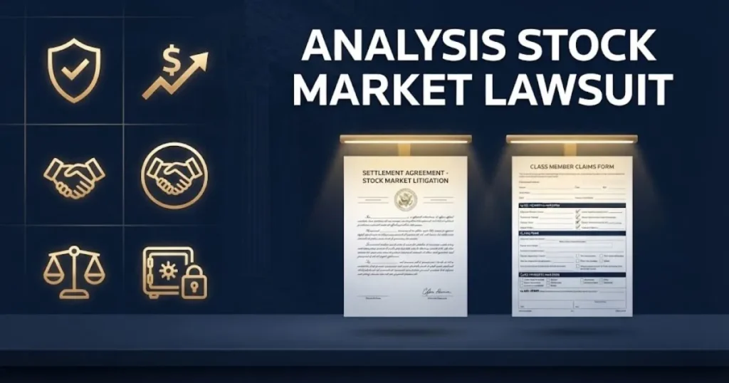Analysis stock market lawsuit settlement document graphic with investor protection icons on navy background