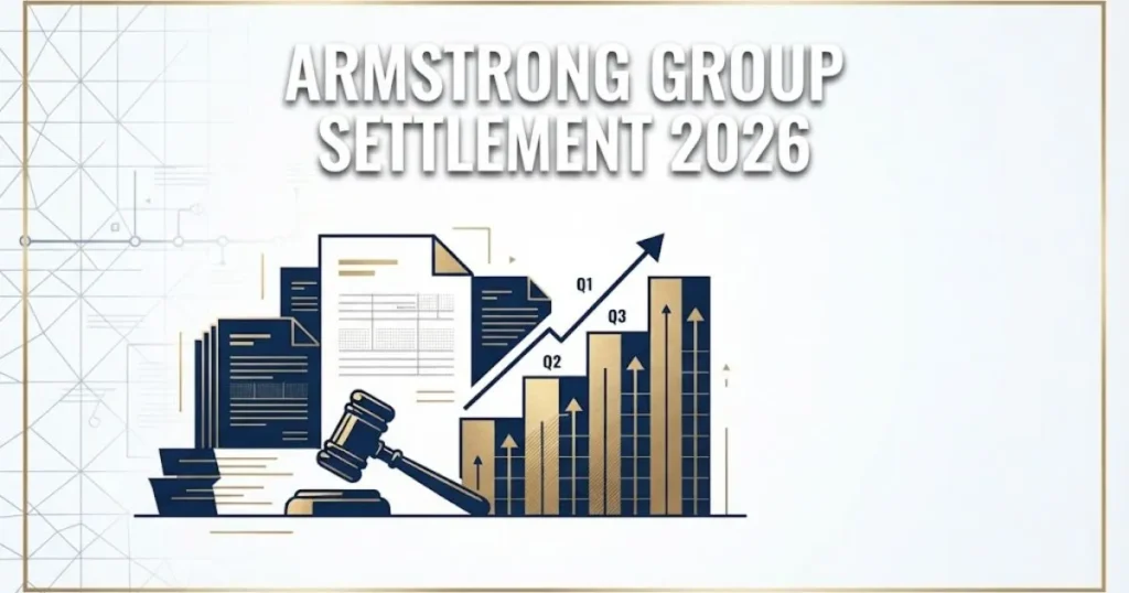 Armstrong group settlement 2026 infographic with document icons and payout chart in navy and gold